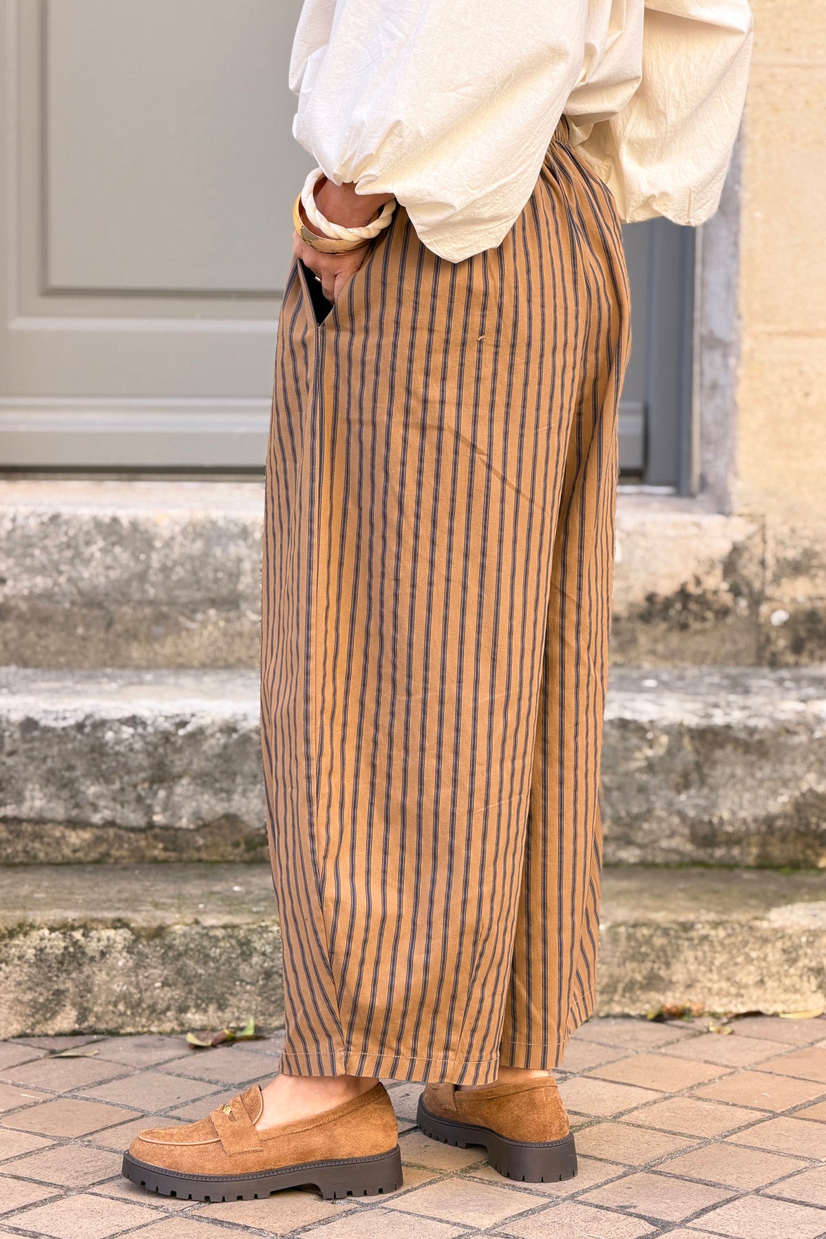 Camel Wide-Leg Pinstripe Pants