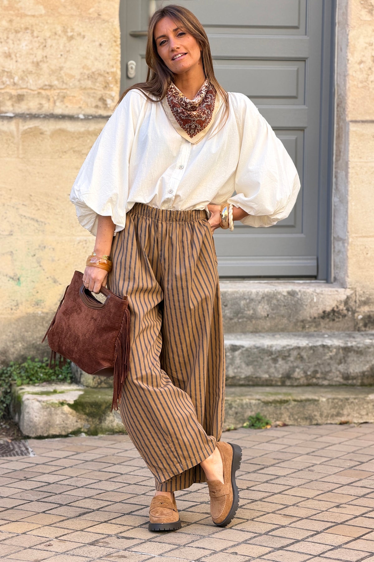 Camel Wide-Leg Pinstripe Pants