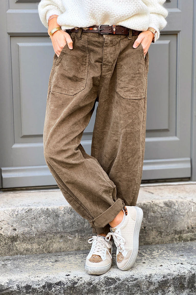Pantalon camel en velours côtelé coupe ballon avec ceinture broderie aztèque