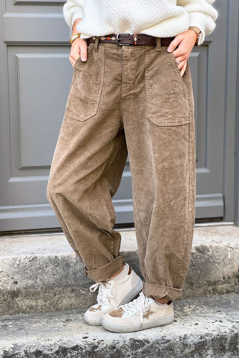 Pantalon camel en velours côtelé coupe ballon avec ceinture broderie aztèque