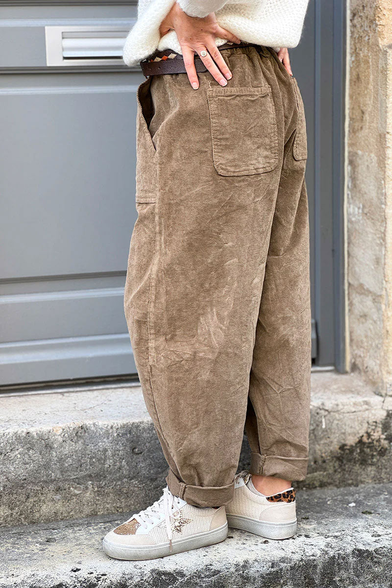 Pantalon camel en velours côtelé coupe ballon avec ceinture broderie aztèque