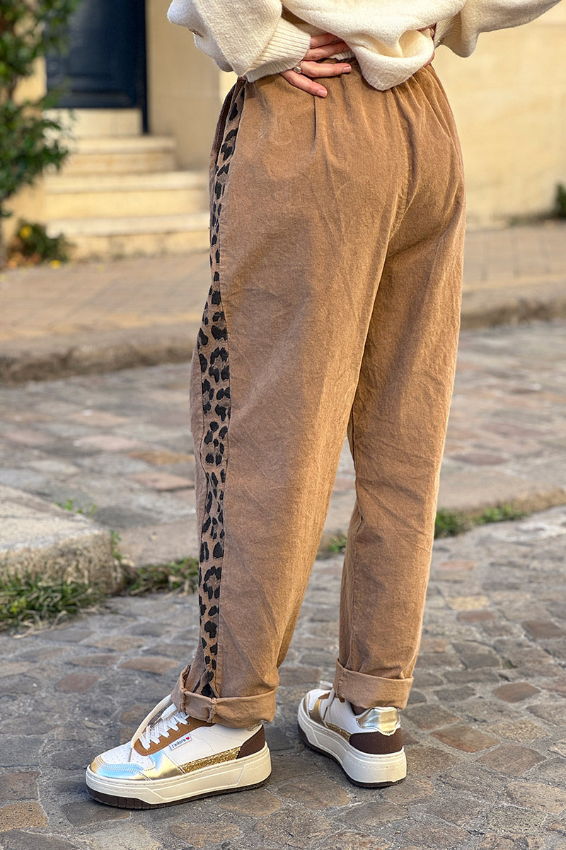 Camel Brushed Stretch Poplin Leopard Stripe Pants