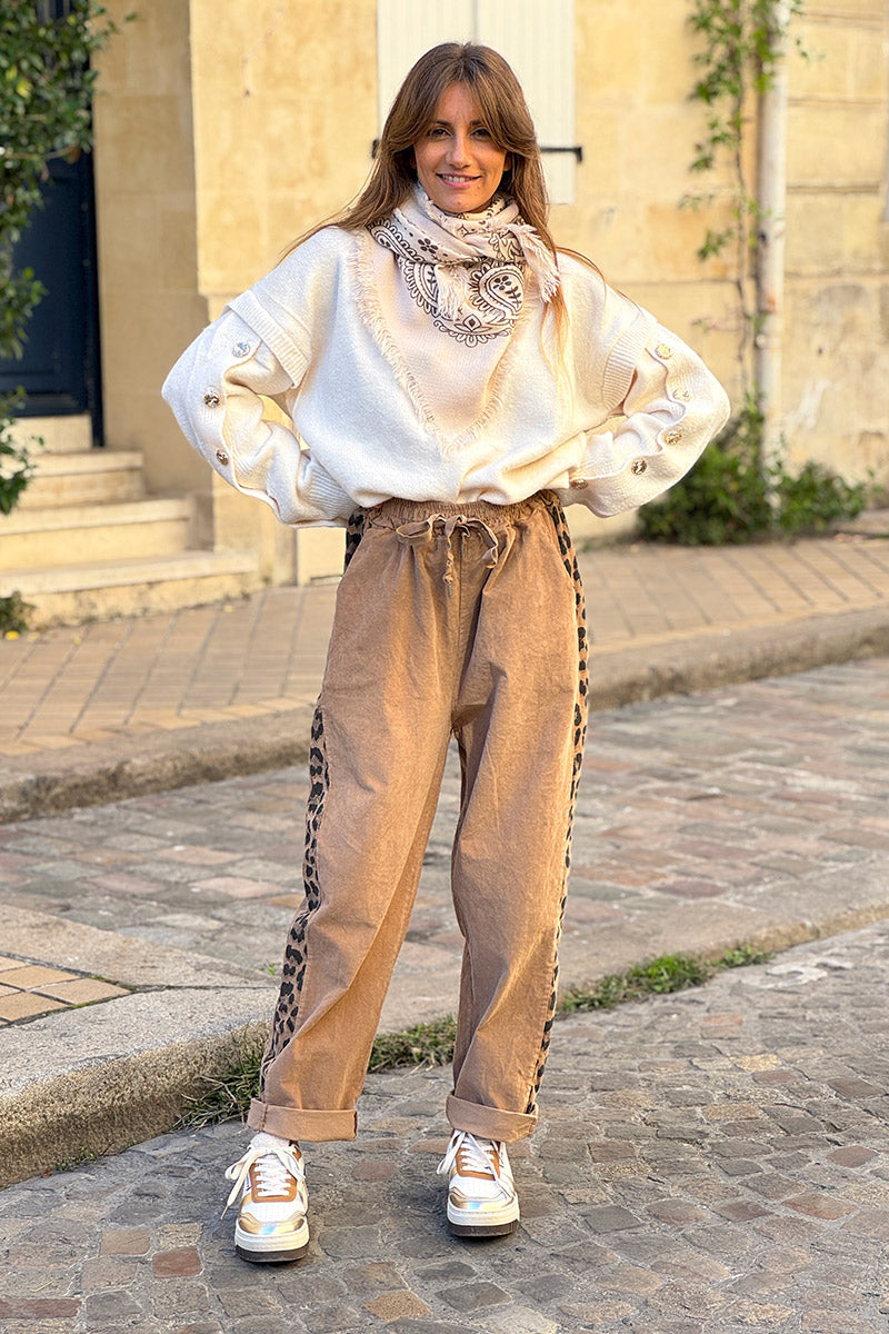 Camel Brushed Stretch Poplin Leopard Stripe Pants
