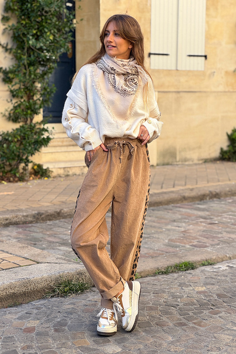 Camel Brushed Stretch Poplin Leopard Stripe Pants