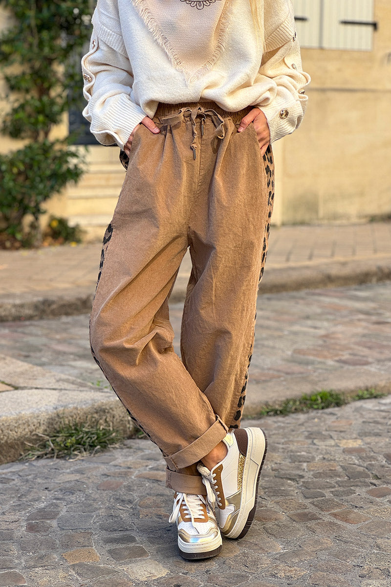 Camel Brushed Stretch Poplin Leopard Stripe Pants