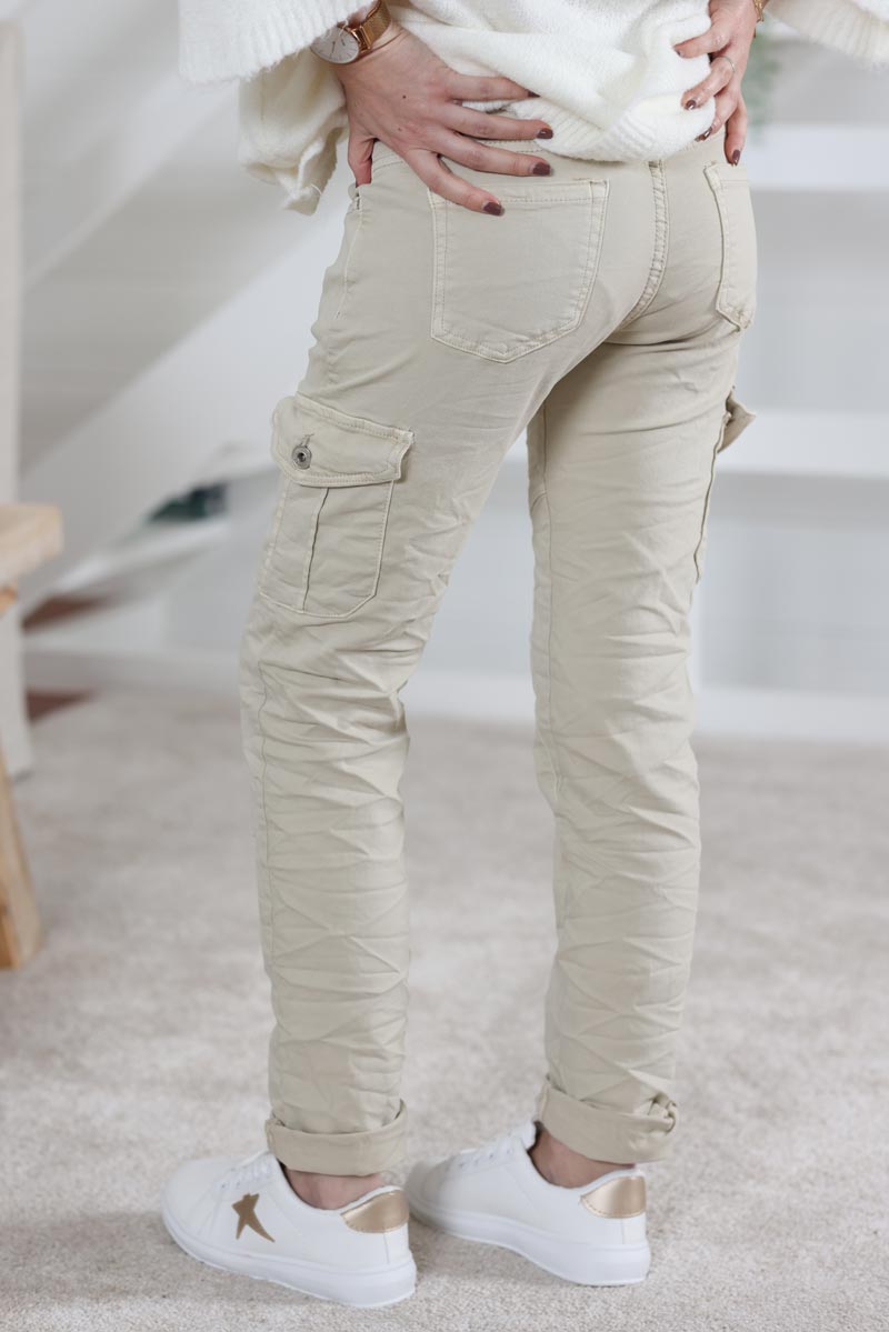 Pantalon cargo beige stretch grandes poches H020 (1)