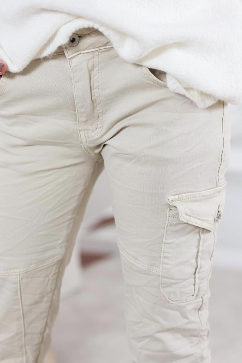 Pantalon cargo beige stretch grandes poches H020 (1)