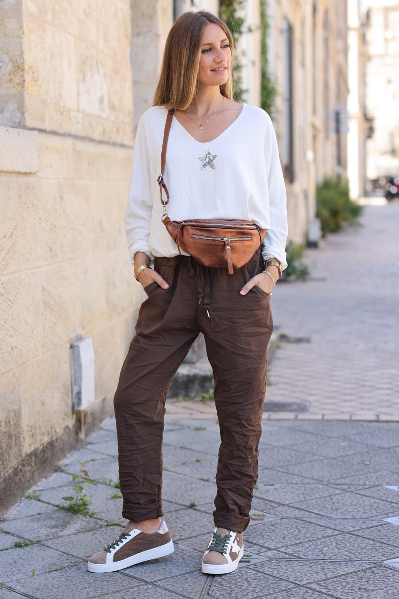 Pantalon chocolat confort en toile stretch special Belle et Ronde etoile brillante H127 (1)