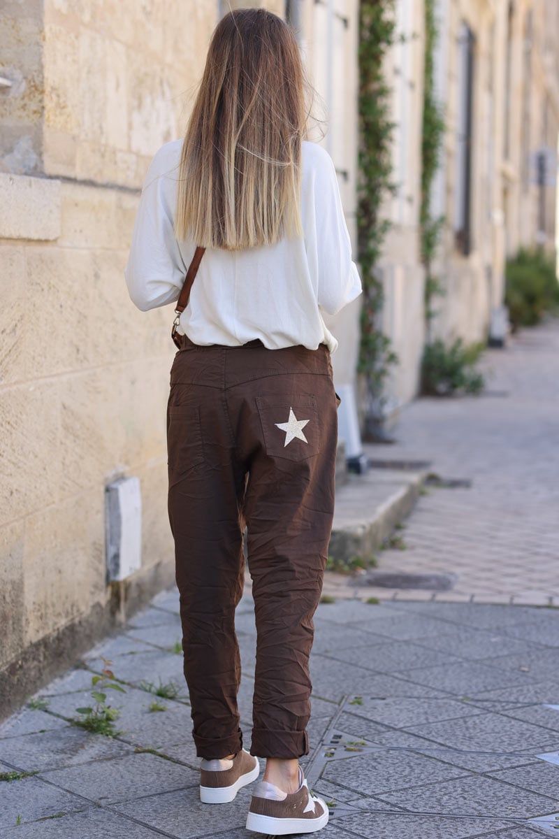 Pantalon chocolat confort en toile stretch special Belle et Ronde etoile brillante H127 (1)