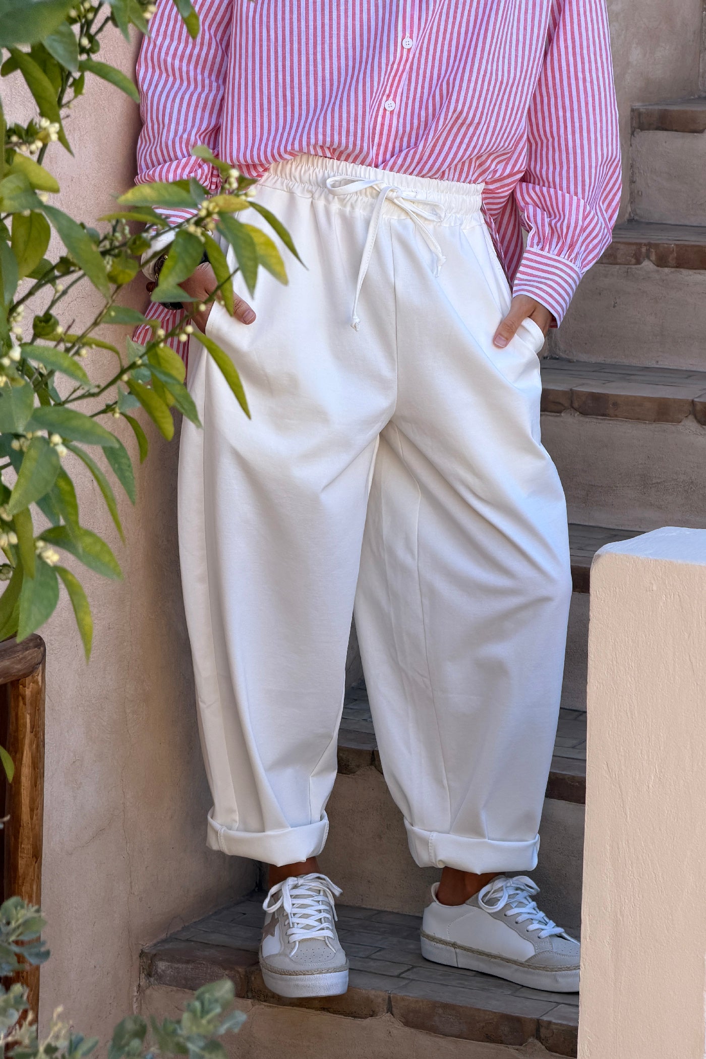 Off White Poplin Pull-On Pants