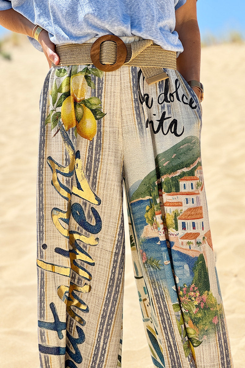 Pantalon confort et souple brillant coupe large imprimé Italian Summer bleu Dolce Vita citrons