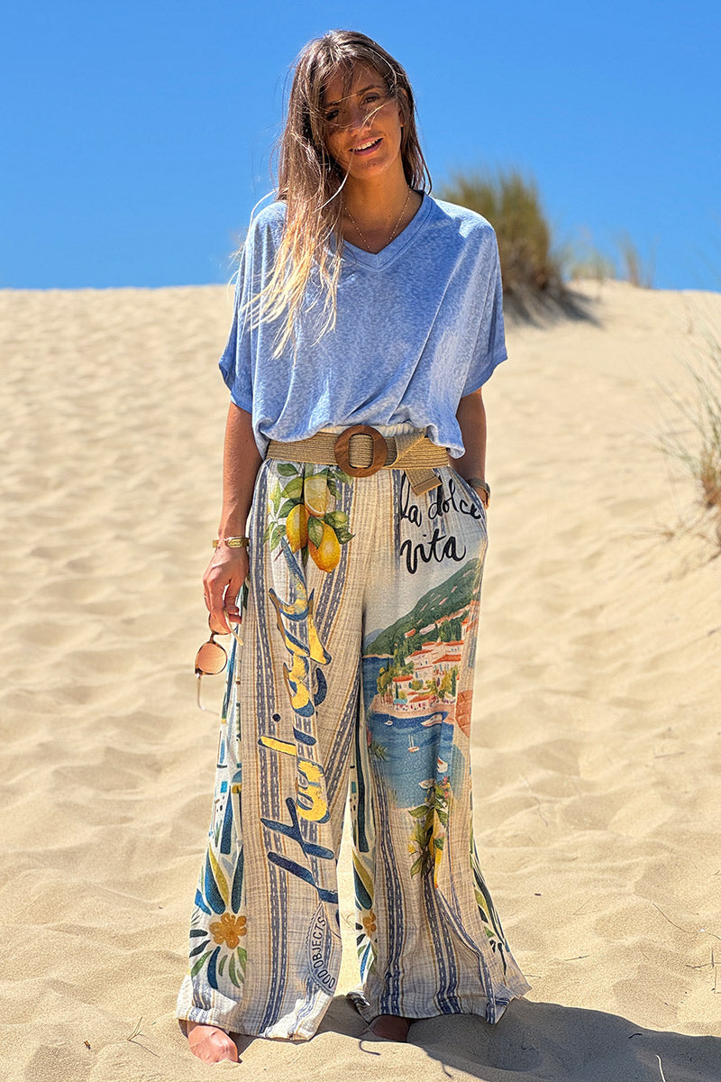 Pantalon confort et souple brillant coupe large imprimé Italian Summer bleu Dolce Vita citrons