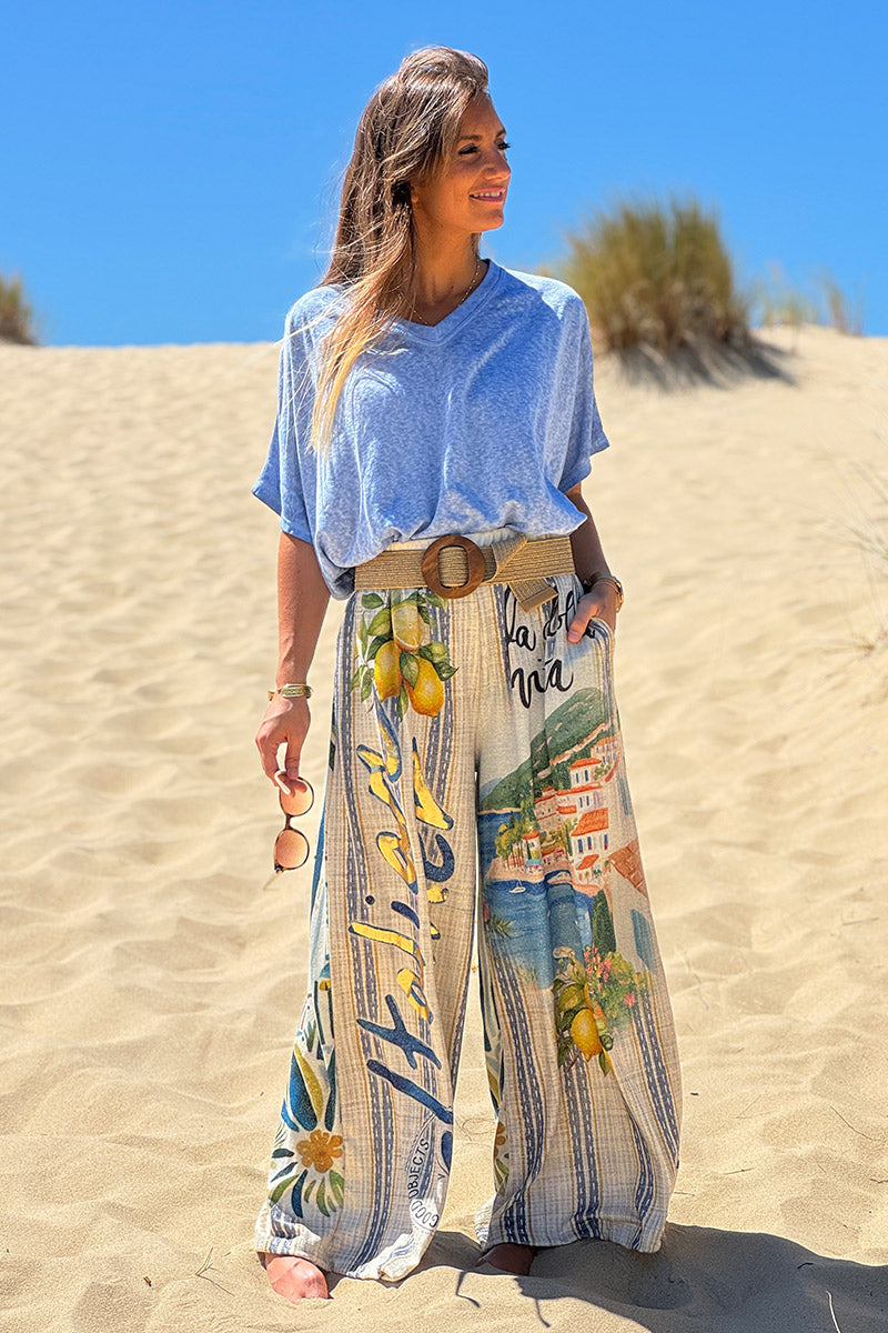 Pantalon confort et souple brillant coupe large imprimé Italian Summer bleu Dolce Vita citrons