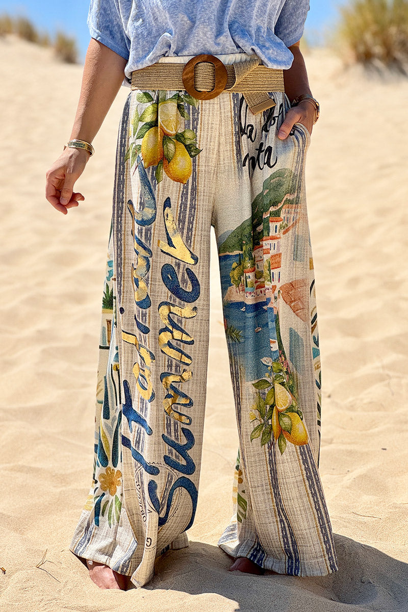 Pantalon confort et souple brillant coupe large imprimé Italian Summer bleu Dolce Vita citrons