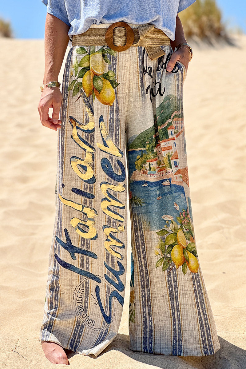 Pantalon confort et souple brillant coupe large imprimé Italian Summer bleu Dolce Vita citrons