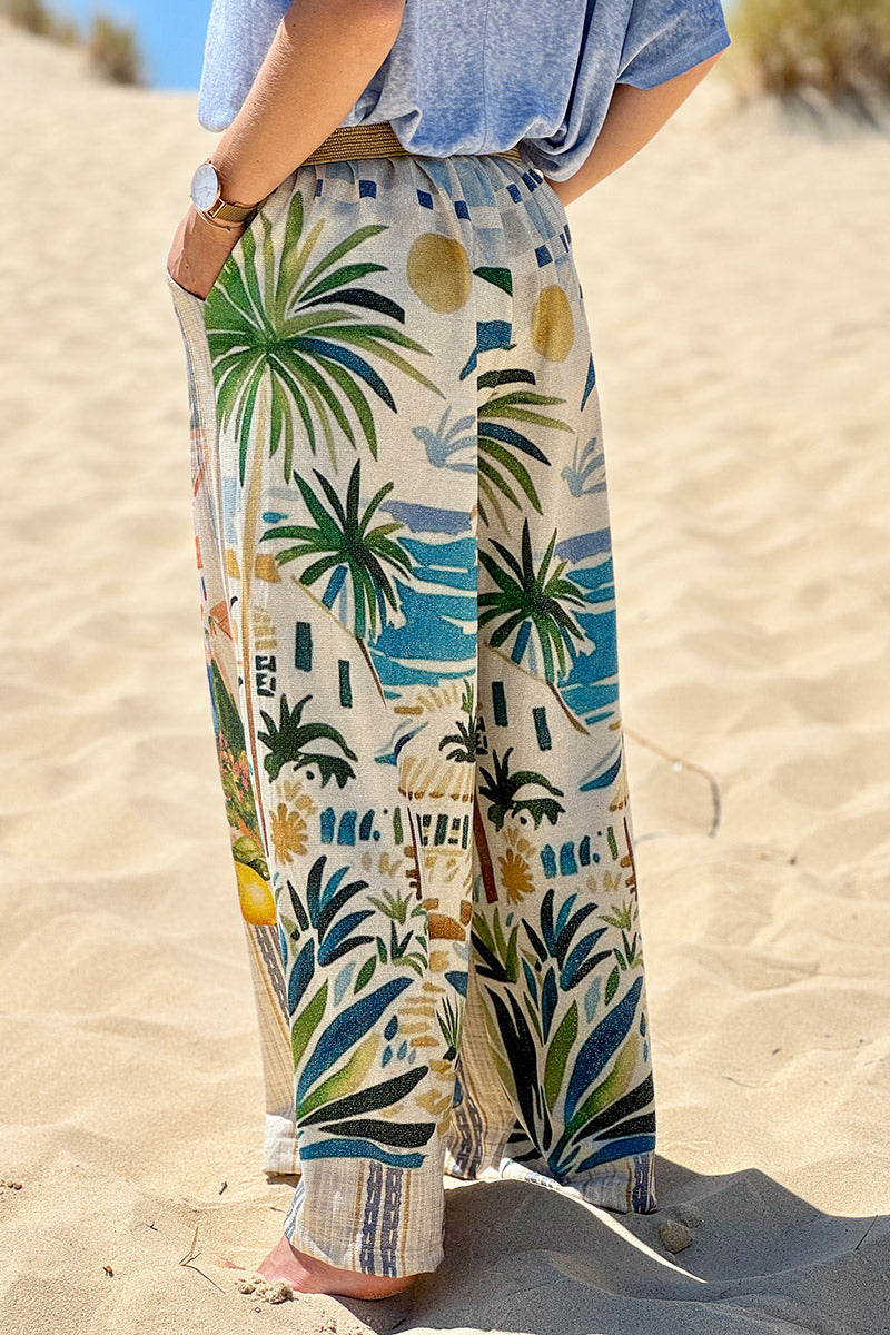 Pantalon confort et souple brillant coupe large imprimé Italian Summer bleu Dolce Vita citrons