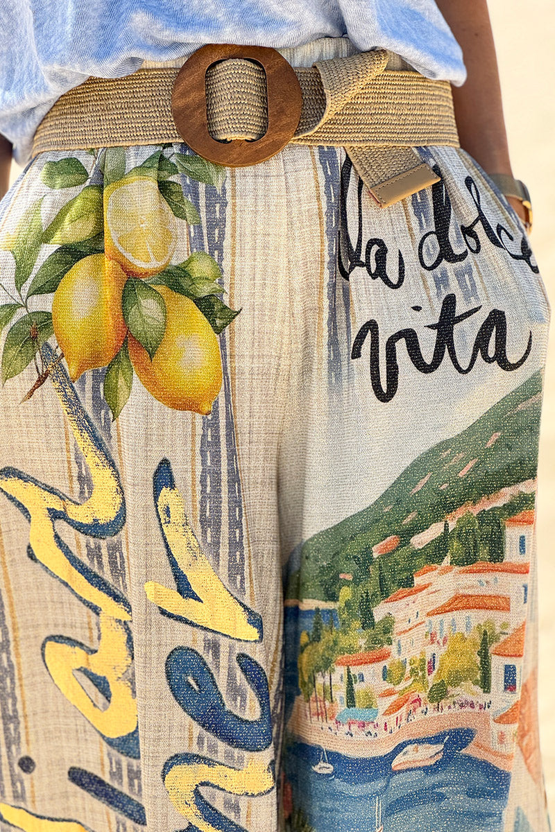 Pantalon confort et souple brillant coupe large imprimé Italian Summer bleu Dolce Vita citrons