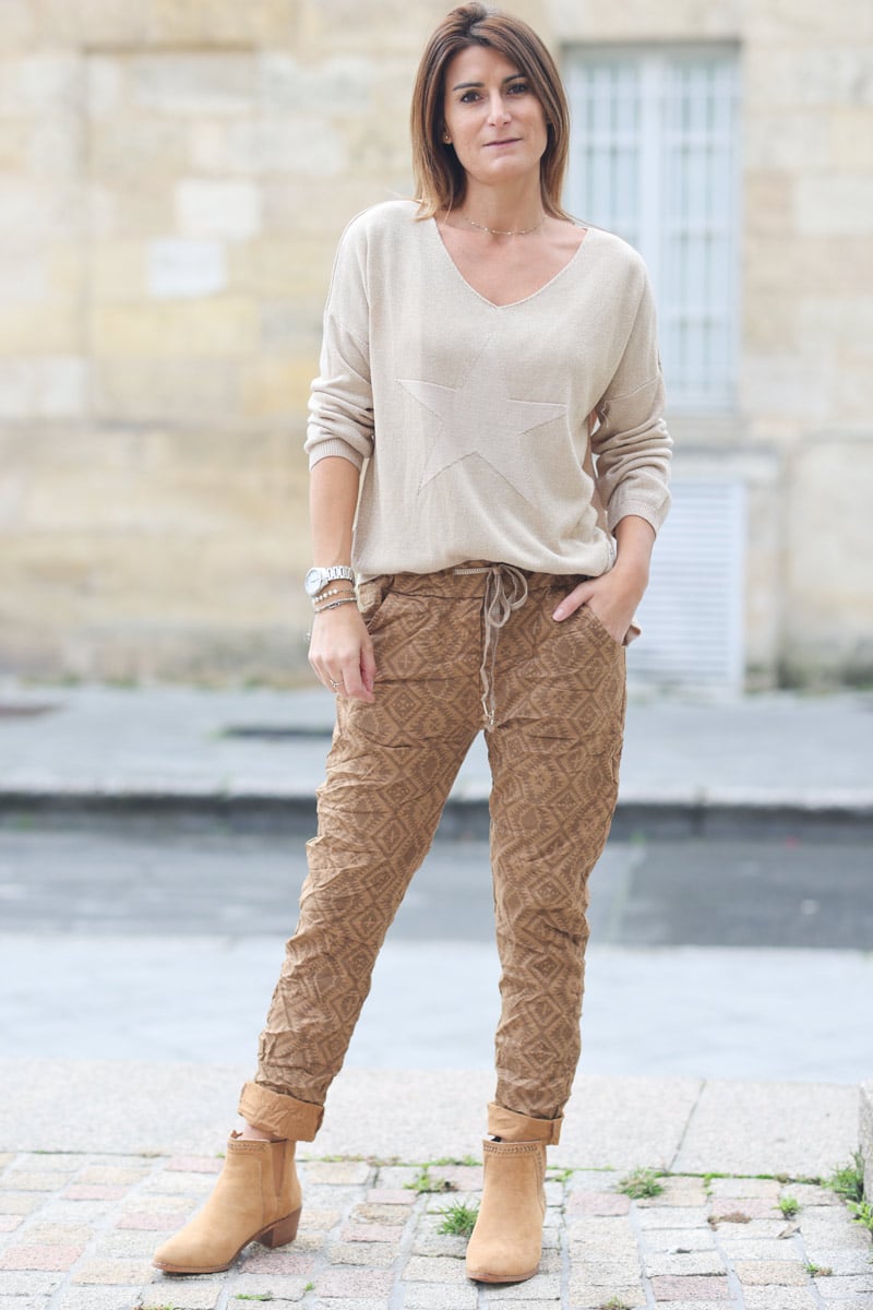 Pantalon confort et stretch camel imprime tribal G265 (1)