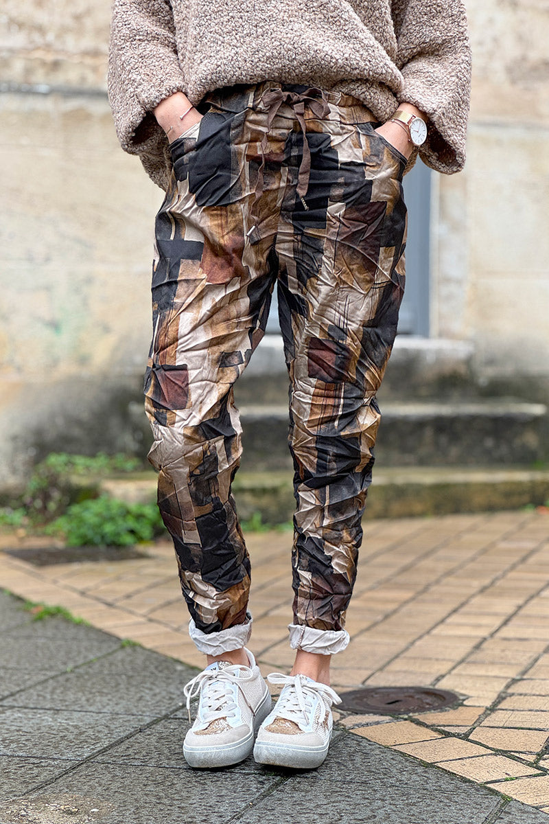 Taupe Abstract Square Pull-On Pants