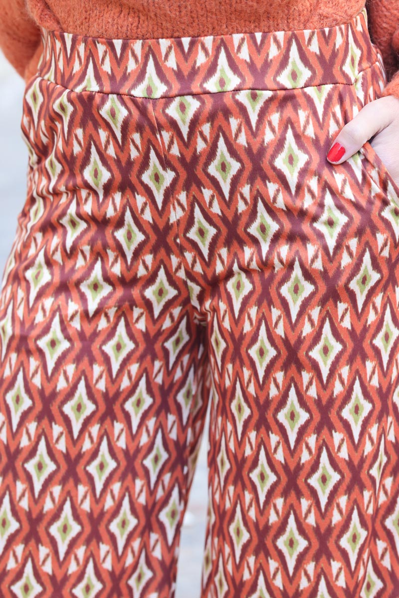 Pantalon confort fluide et doux brique imprime losanges g247 (1)