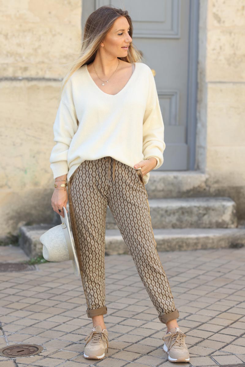 Pantalon confort imprime spirales lisere satine taupe G214 (1)