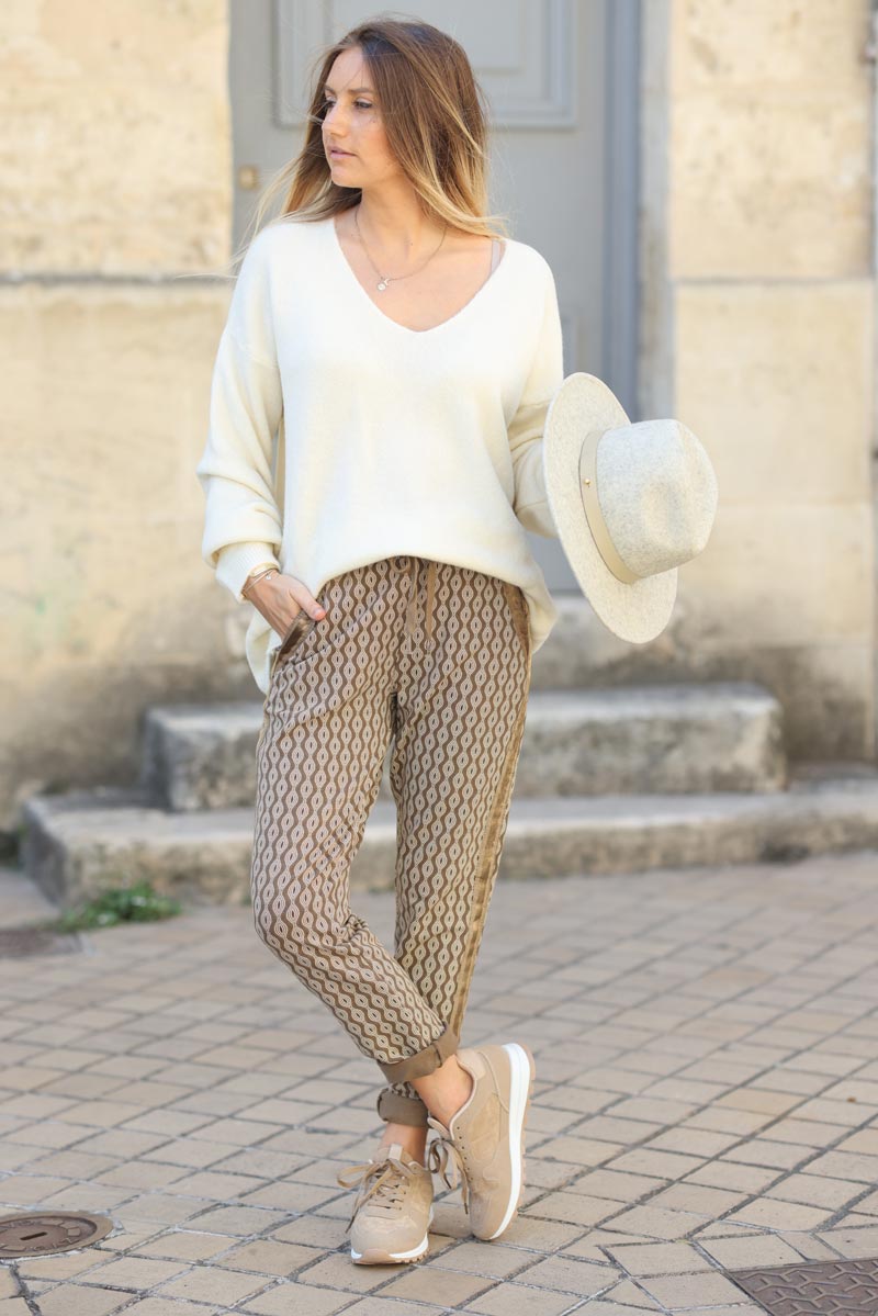 Pantalon confort imprime spirales lisere satine taupe G214 (1)
