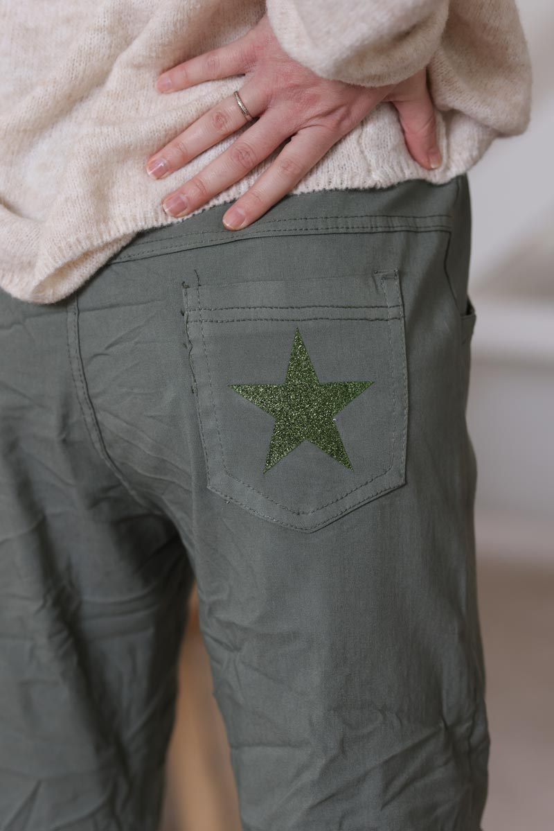 Pantalon confort kaki en toile stretch etoile brillante paillettes h038 (1)