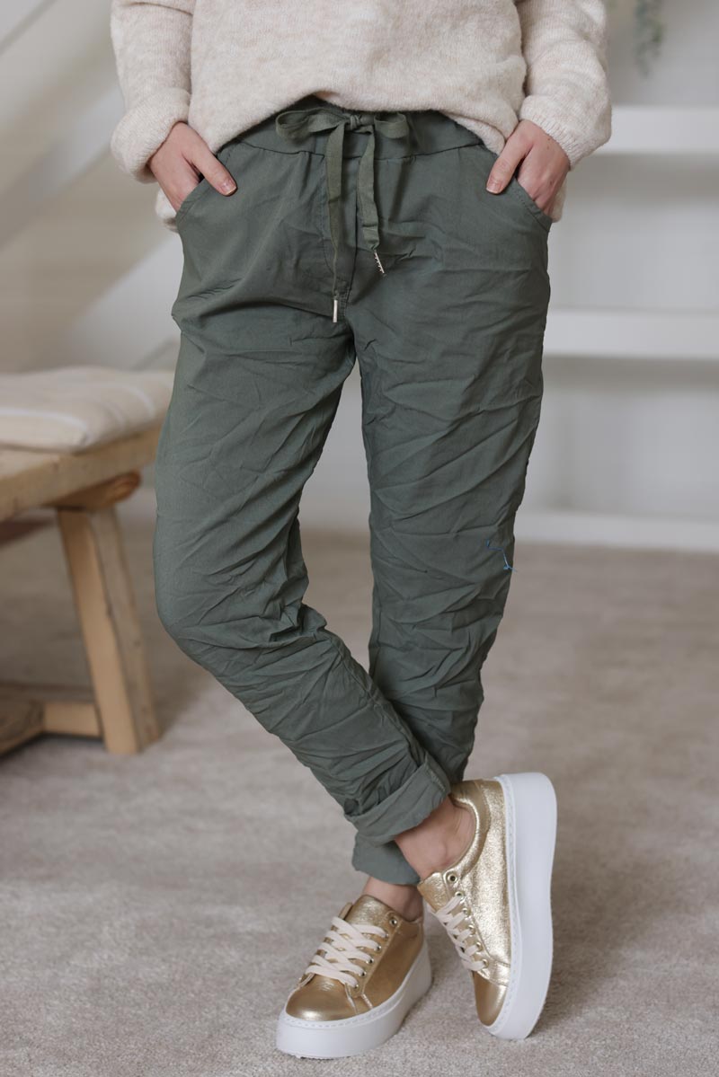 Pantalon confort kaki en toile stretch étoile brillante paillettes