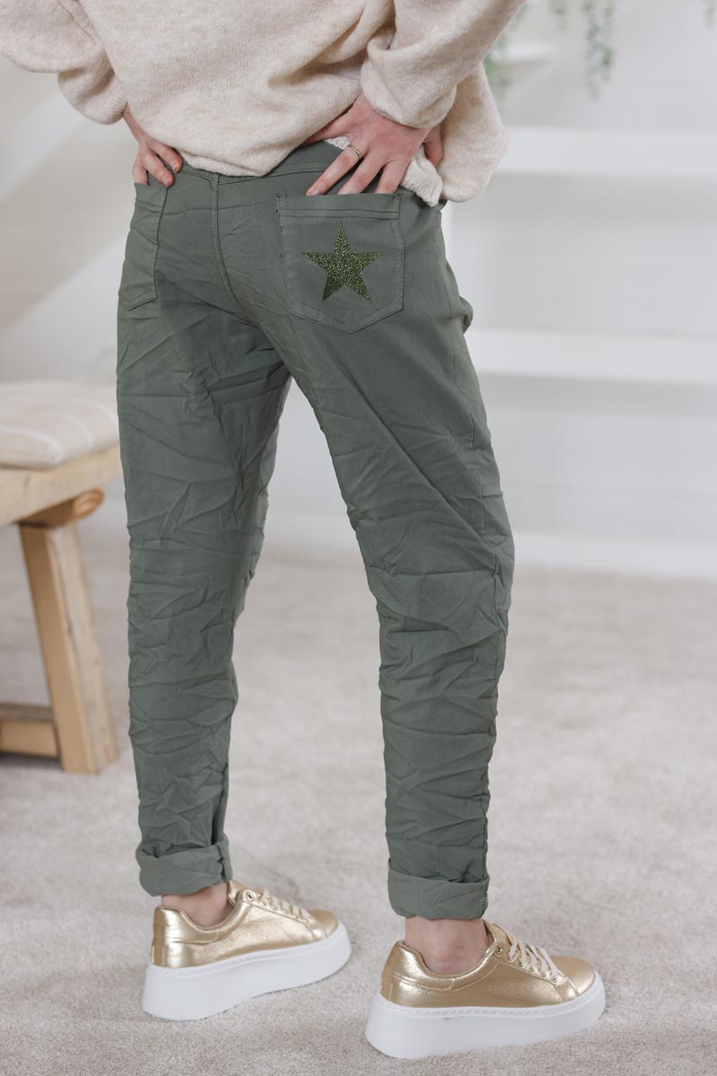 Pantalon confort kaki en toile stretch etoile brillante paillettes h038 (1)