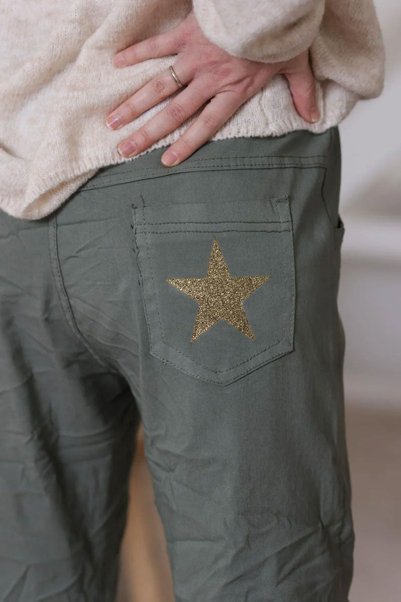 Pantalon confort kaki en toile stretch étoile brillante paillettes