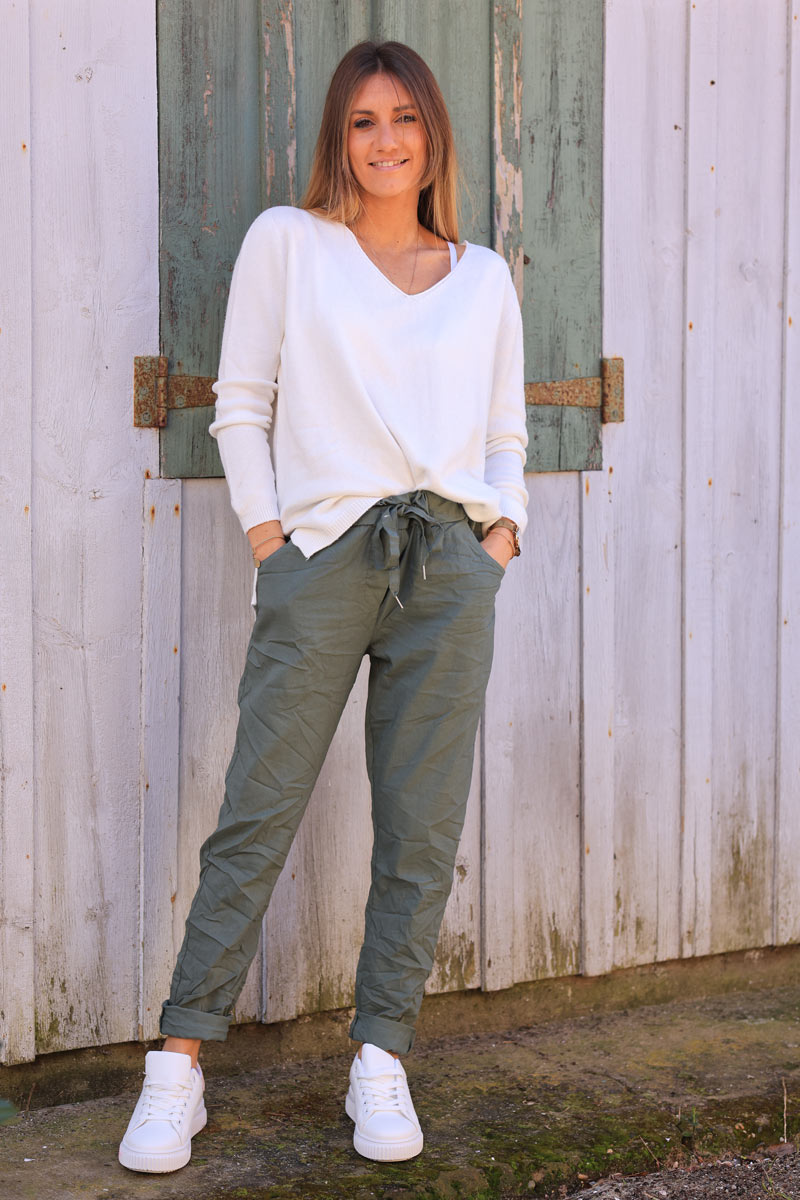 Pantalon confort kaki en toile stretch étoile brillante paillettes