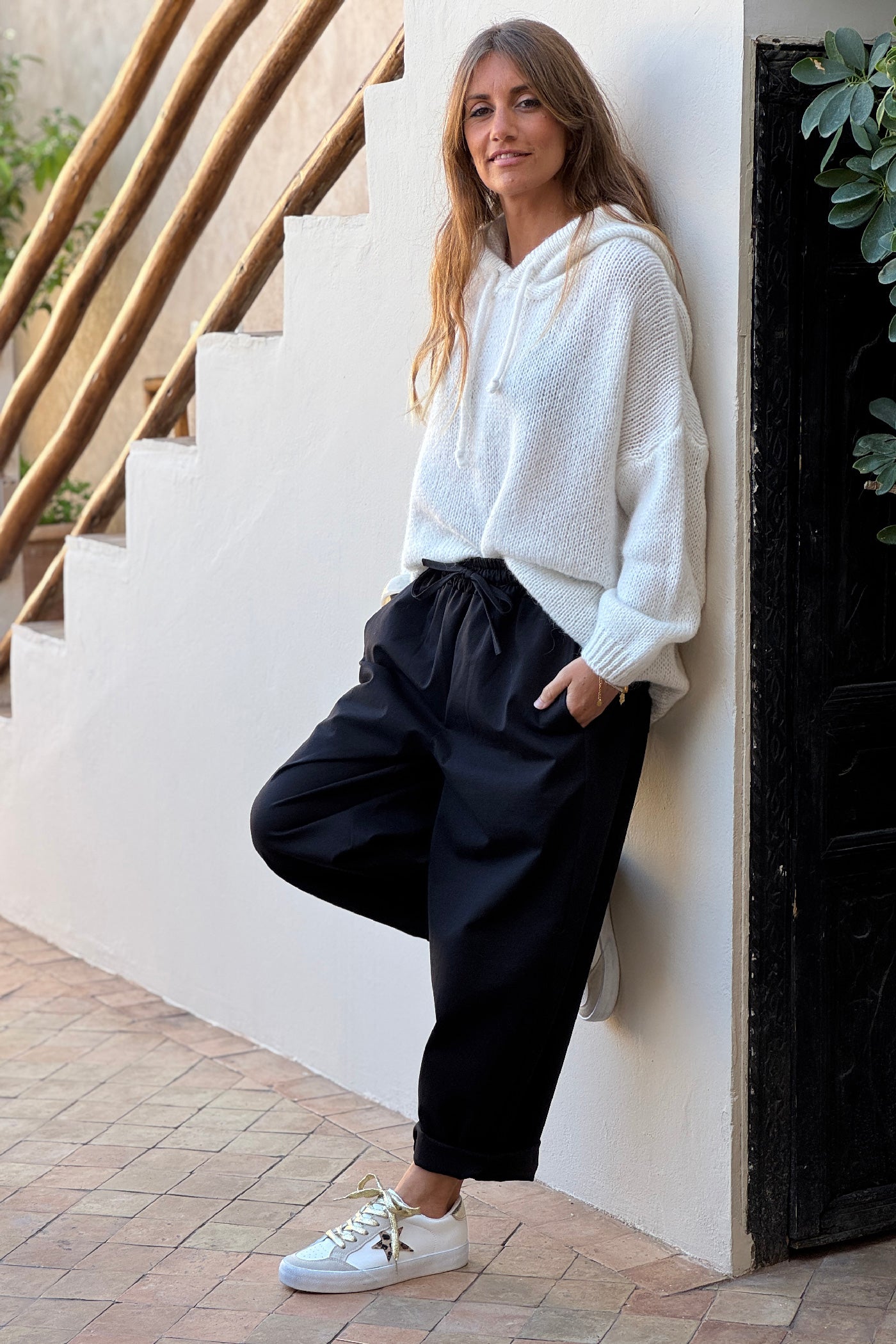 Black Poplin Pull-On Pants