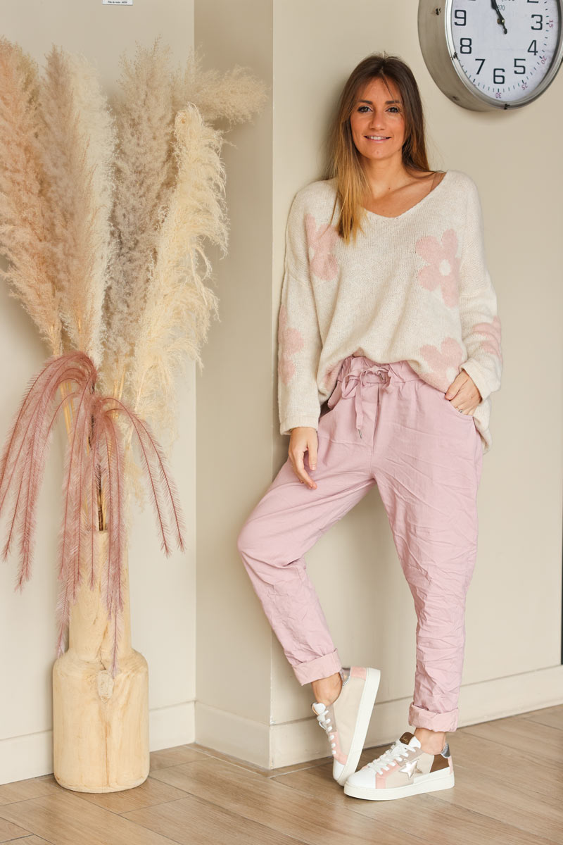 Pantalón confort rosa pálido de lona elástica con estrellas brillantes y purpurina