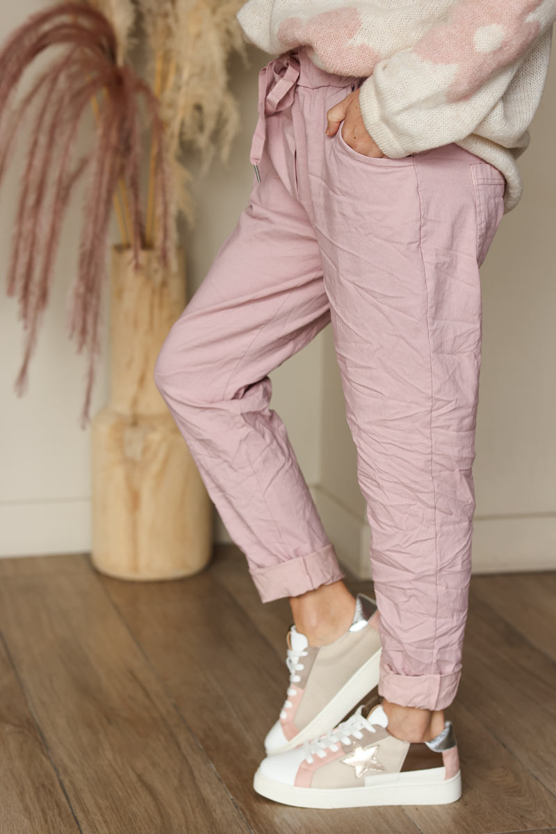 Pantalón confort rosa pálido de lona elástica con estrellas brillantes y purpurina