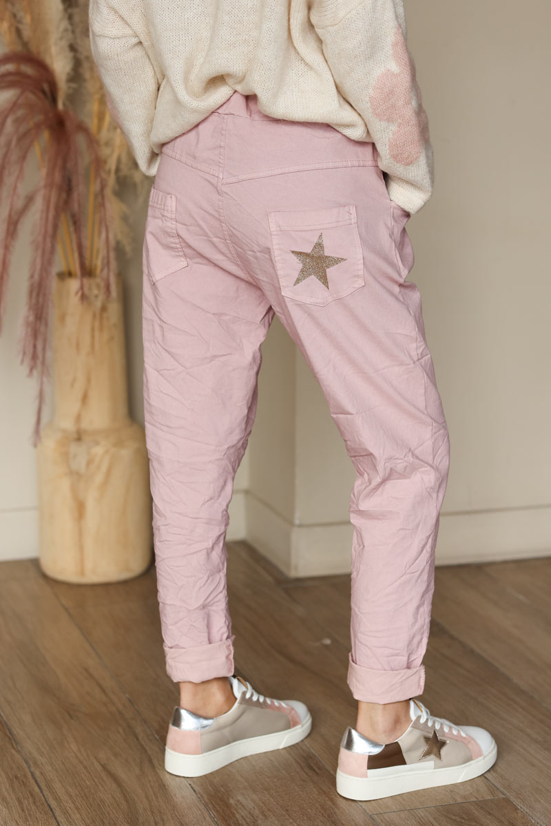 Pantalón confort rosa pálido de lona elástica con estrellas brillantes y purpurina
