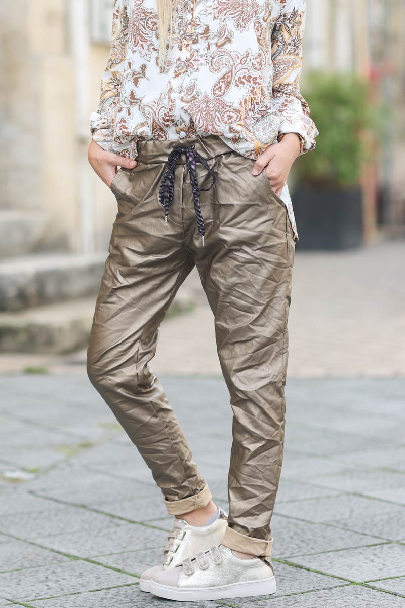 Bronze creased effect metallic comfort trousers Horizons Lointains