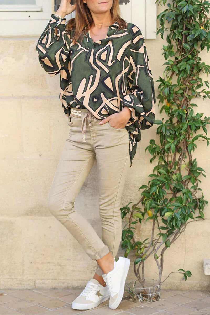 Pantalon confort slim beige à ceinture élastique brillante