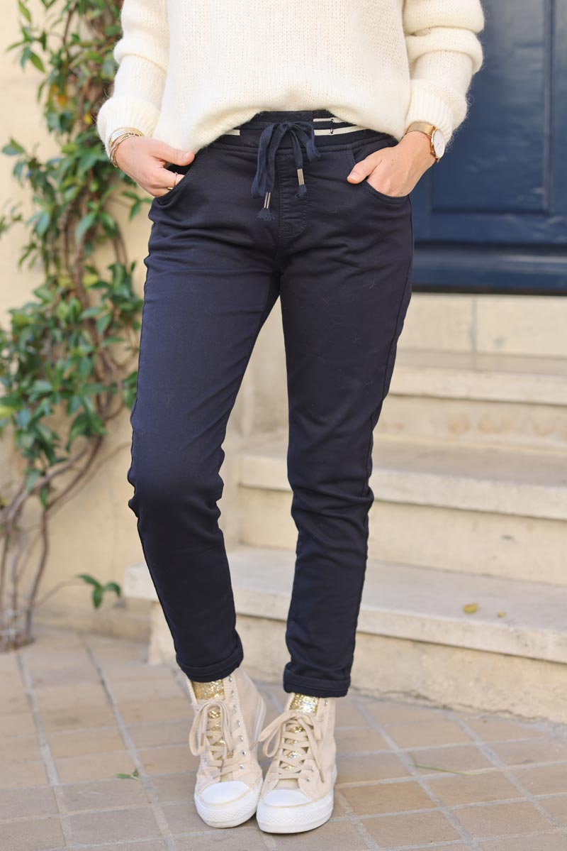 Pantalon confort slim bleu marine ceinture elastique brillante g226 (1)