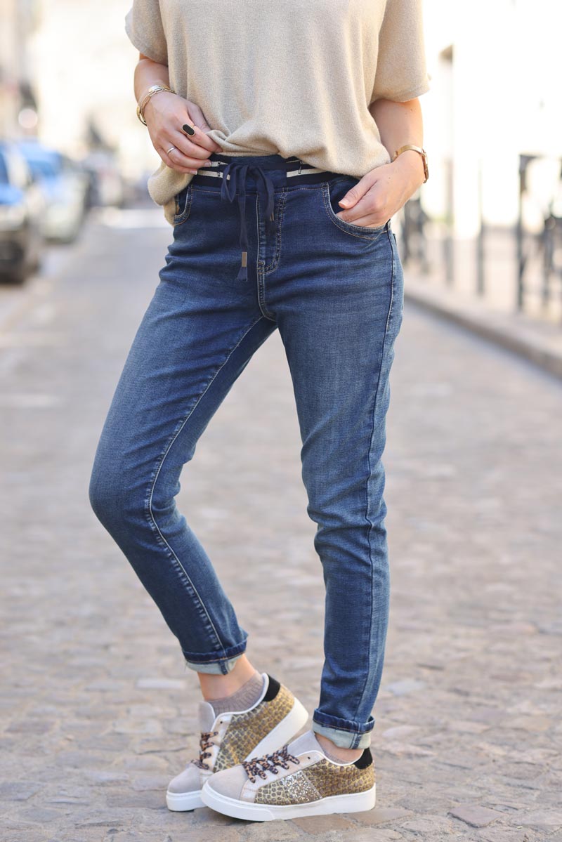 Pantalon confort slim denim ceinture elastique brillante g226 (1)