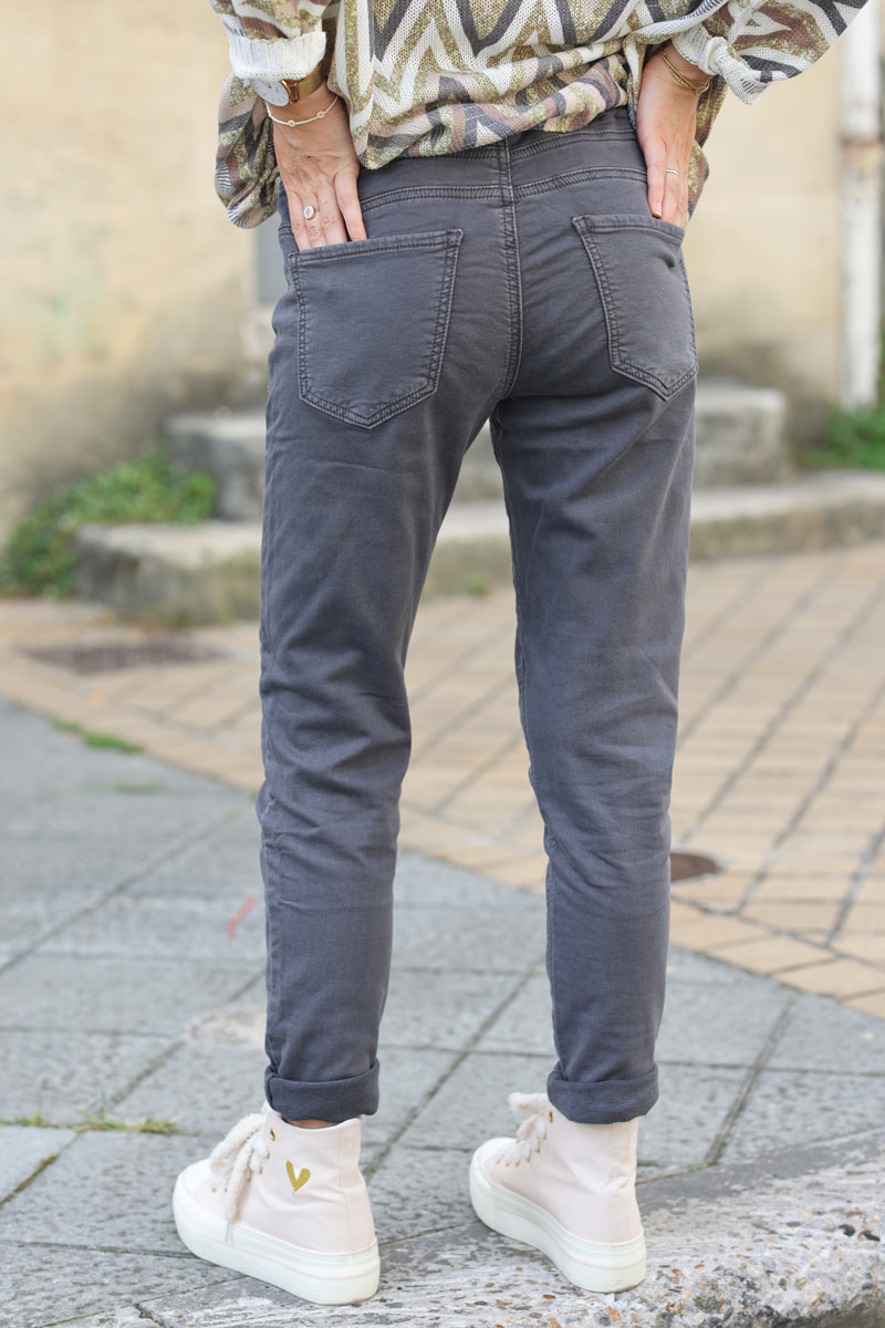 Pantalon confort slim gris fonce ceinture elastique brillante g226 (1)
