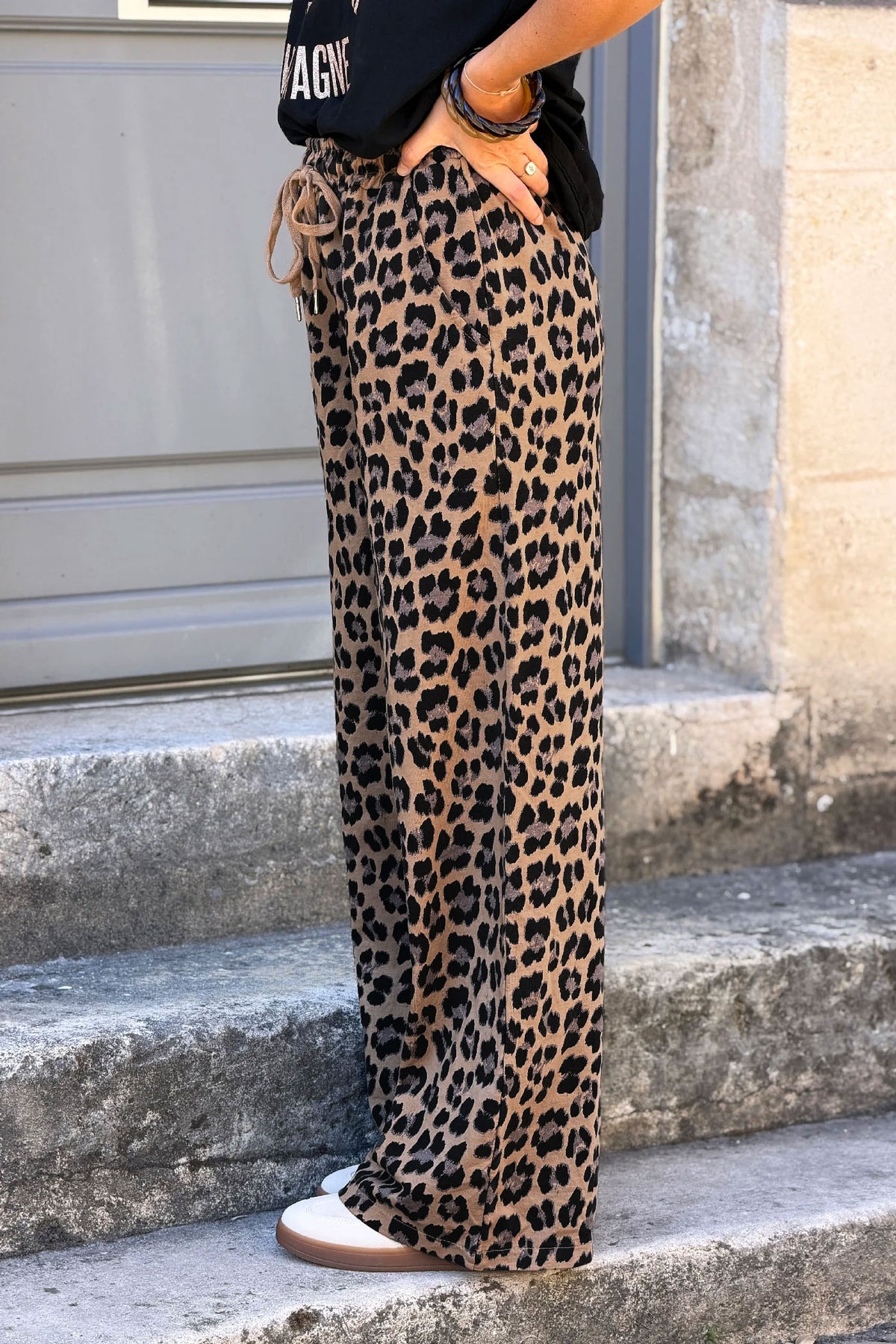 Pantalon de jogging imprimé léopard wide leg taille élastique