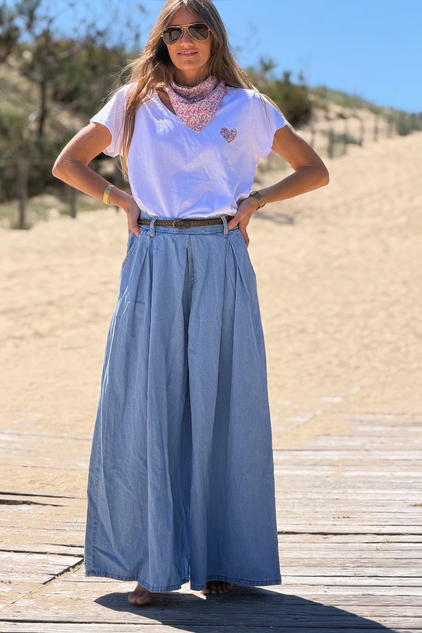Light Chambray Draped Wide Leg Trouser Jeans with Studded Belt