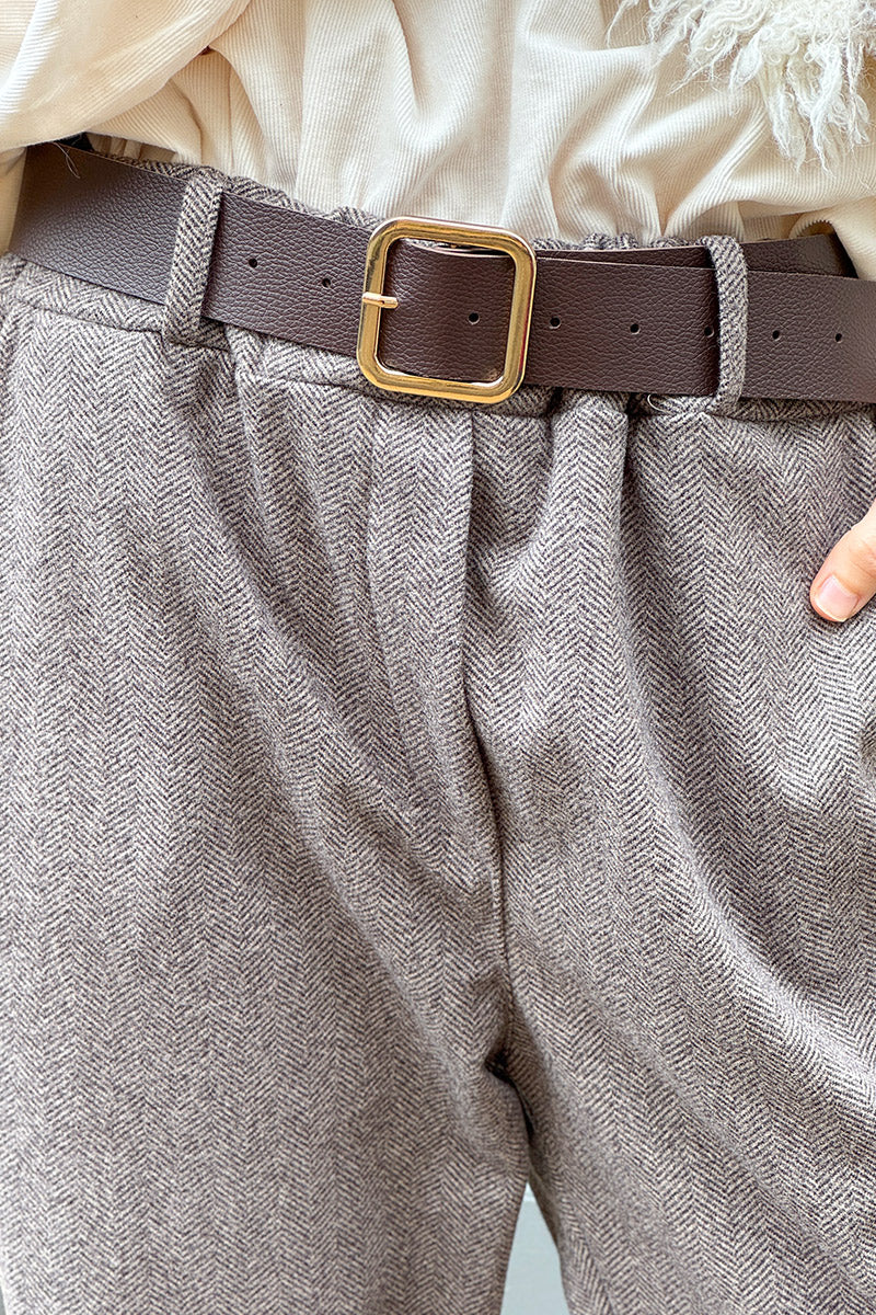 Gray Herringbone Tweed Pull-On Pants with Belt
