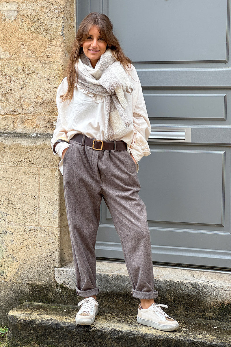 Gray Herringbone Tweed Pull-On Pants with Belt