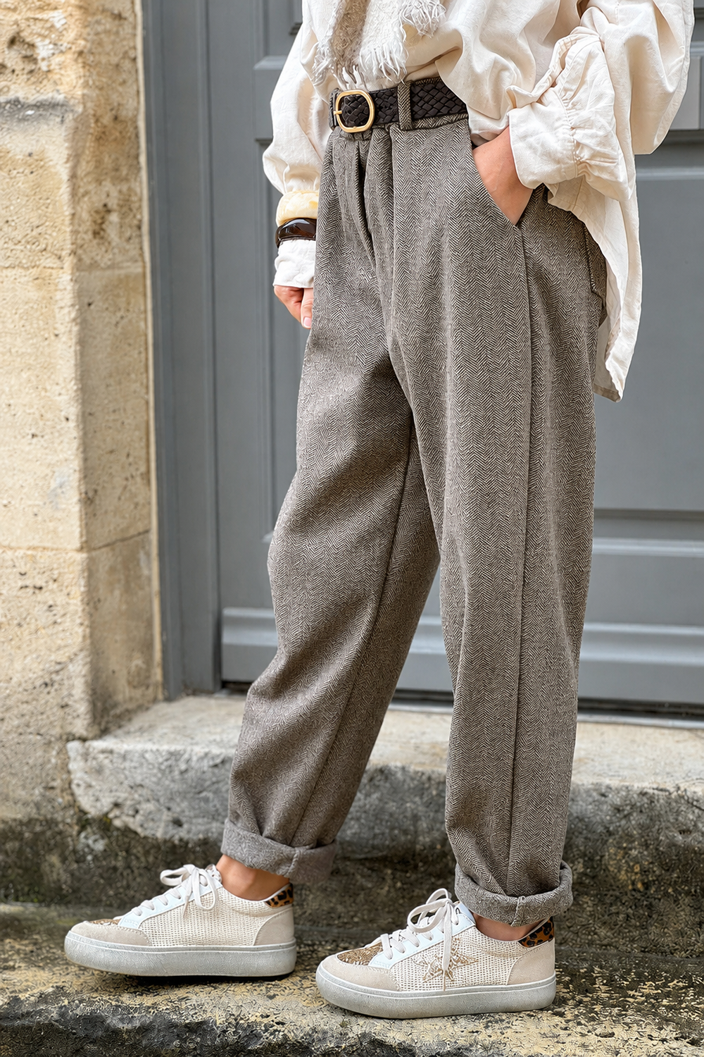 Gray Herringbone Tweed Pull-On Pants with Belt
