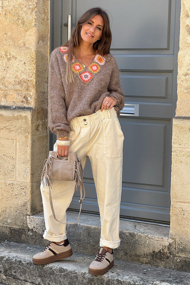 Pantalon écru en velours côtelé coupe paperbag ceinture élastique