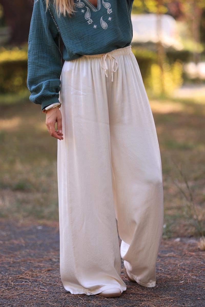 Cream silky wide-leg floaty pants