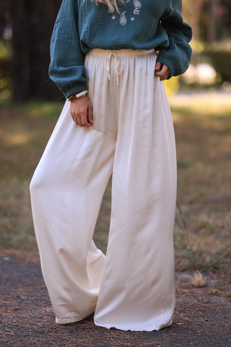Cream silky wide-leg floaty pants