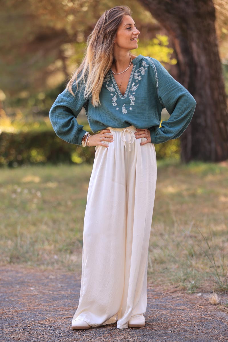 Cream silky wide-leg floaty pants
