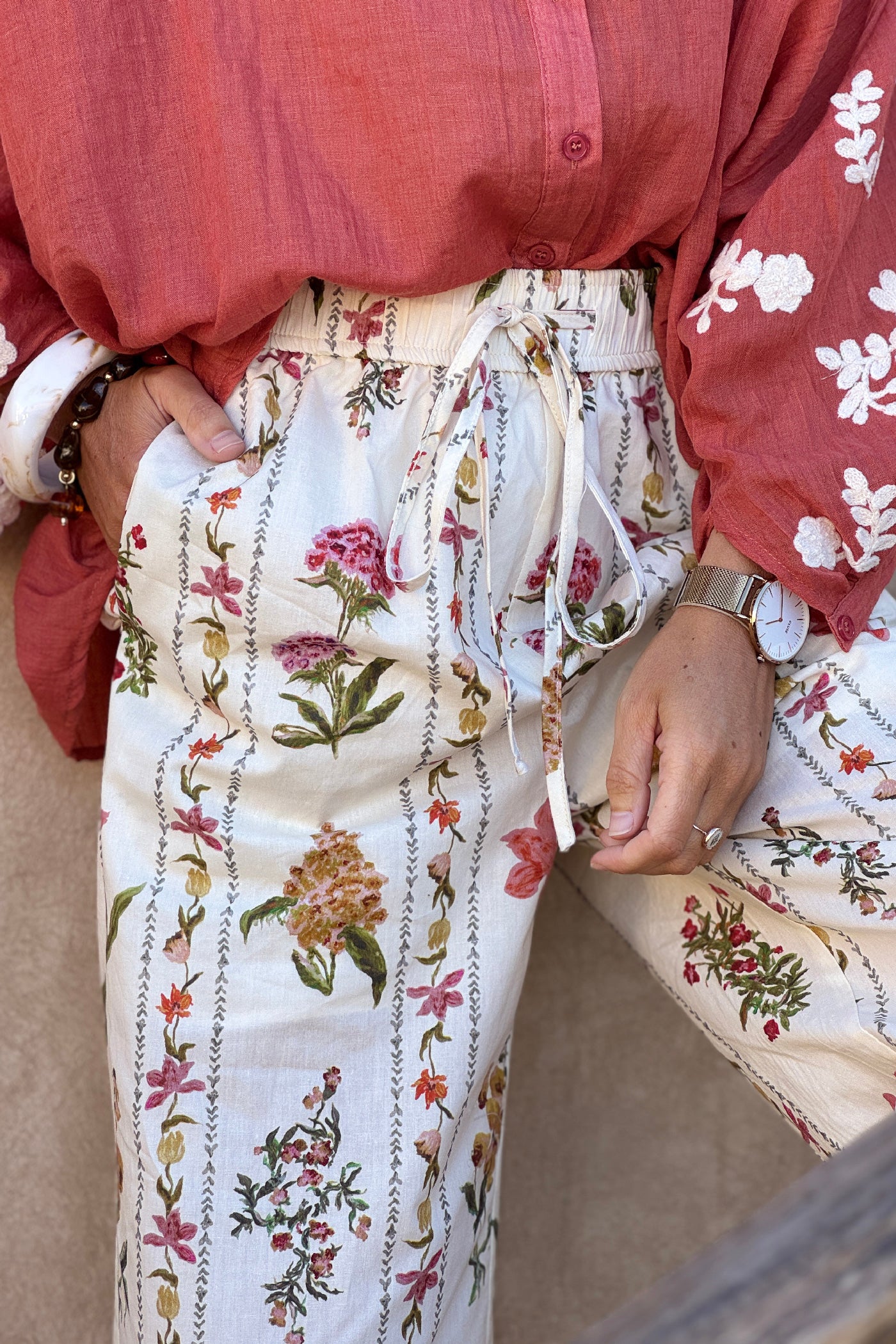 Beige Floral Border Print Pull-On Pants